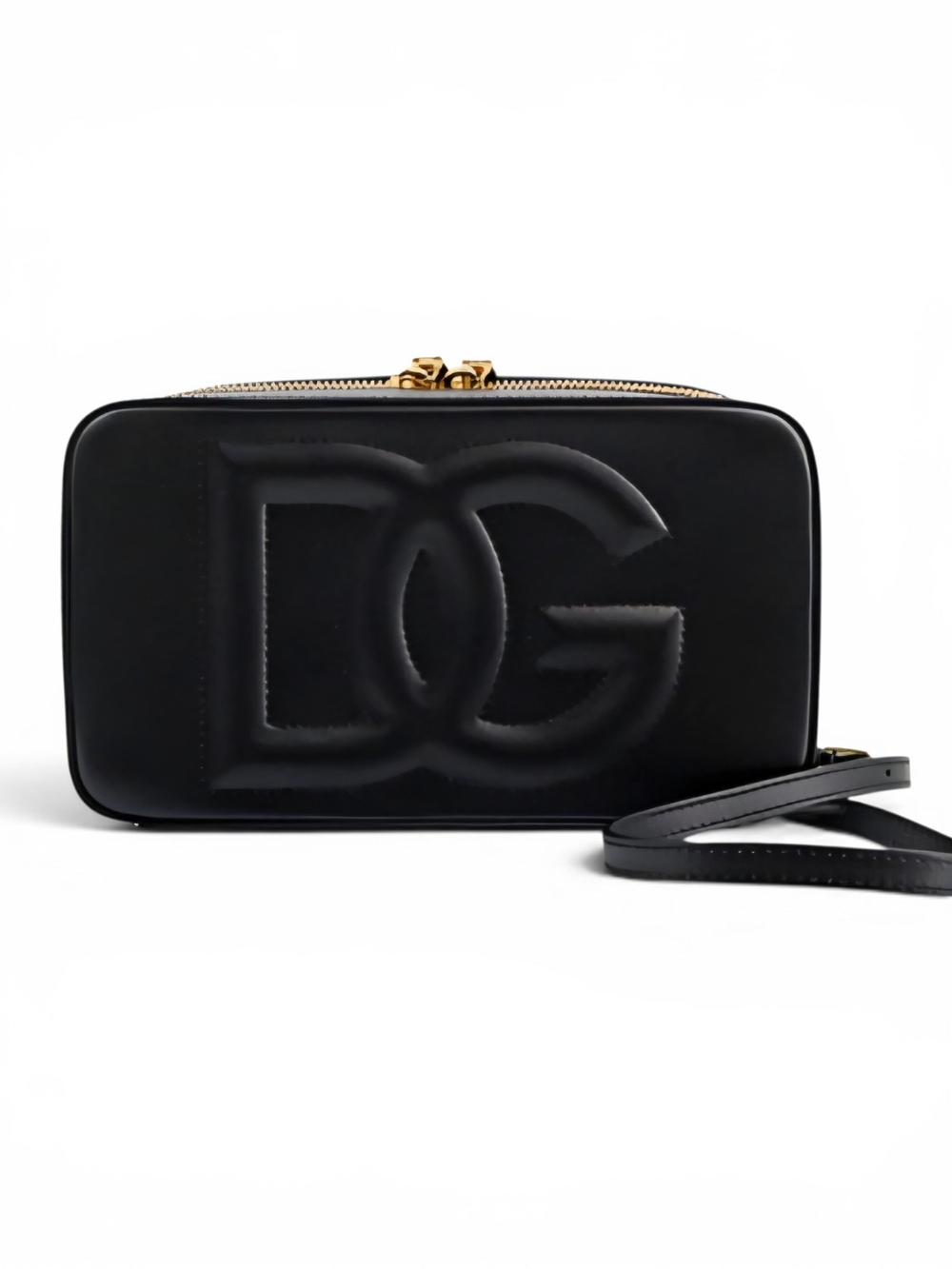 Dolce And Gabbana DG Embossed Logo Black Leather Crossbody Camera Bag